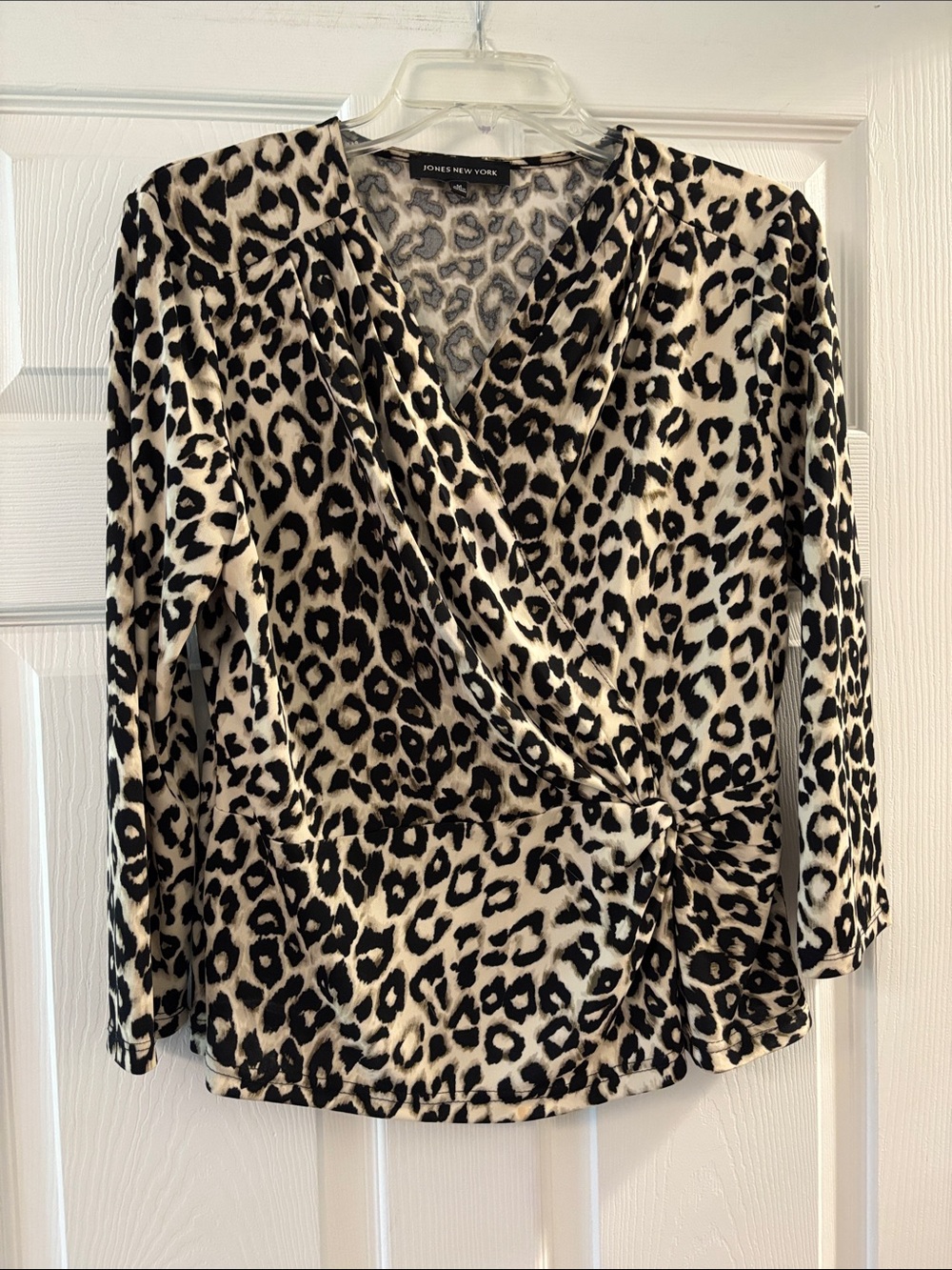Jones New York Leopard-Print Wrap Blouse - Black & Cream